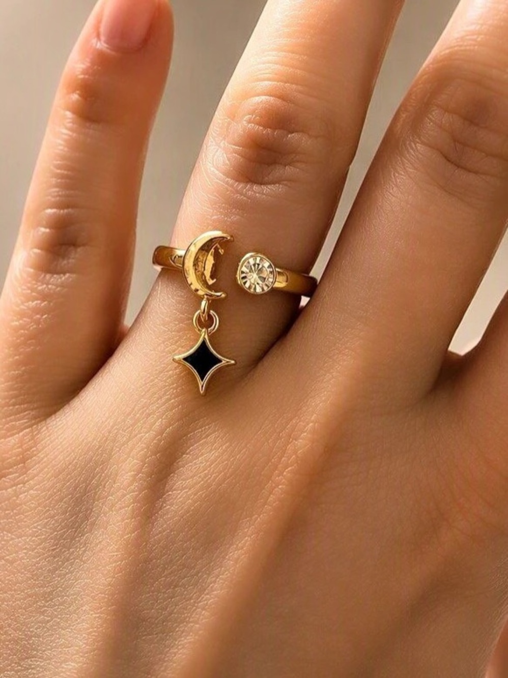 5/$25 Adjustable Golden Moon and Star Dangle Charm Ring